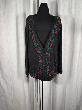 Plus Size Holiday Christmas Cardigan Black Sweater Embroidered Holley Leaves